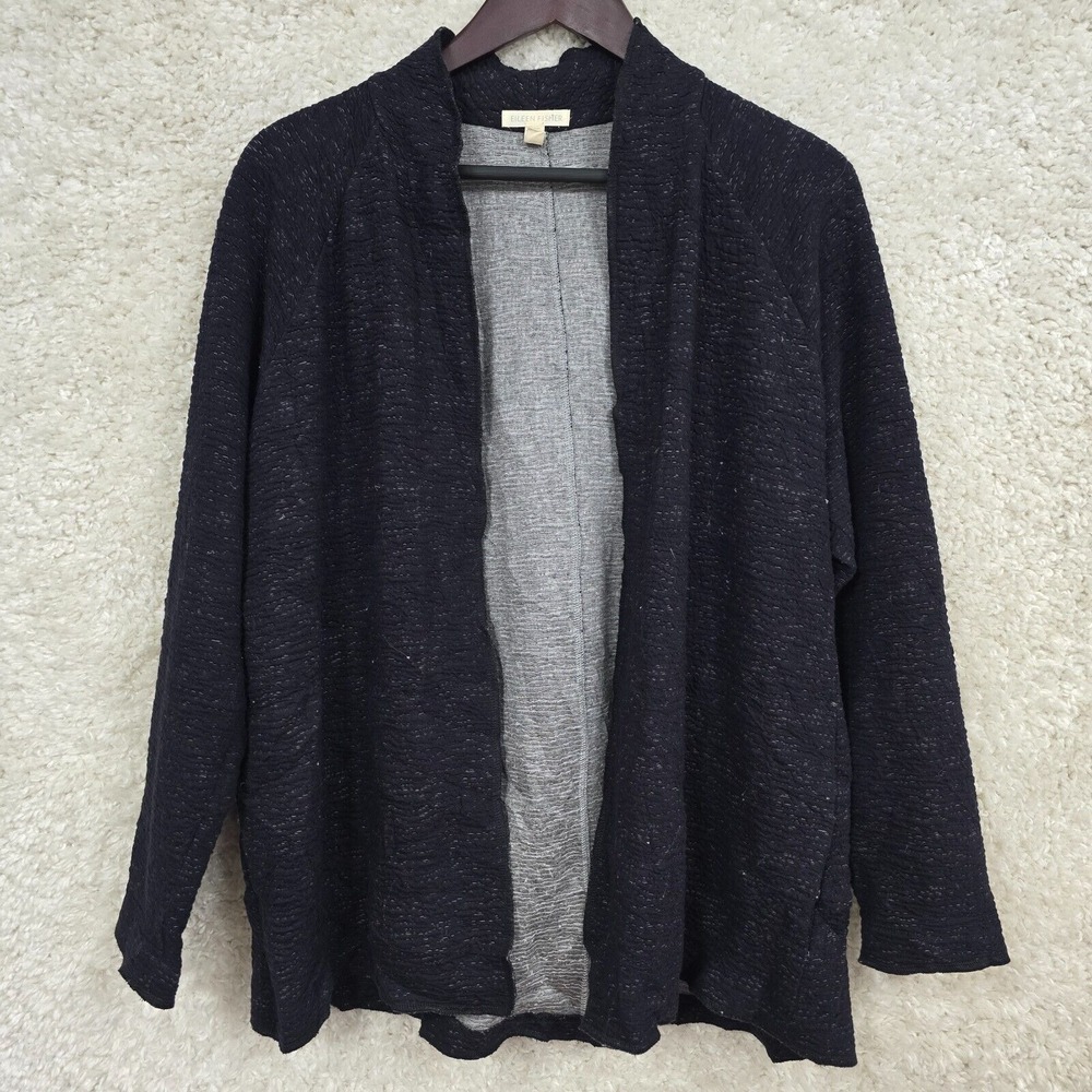 Eileen Fisher Cardigan Womens Medium Black Organic Cotton Tencel Minimalist